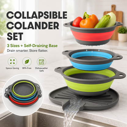 🥗 3-Piece Collapsible Colander Set – Fold Flat, Save Space & Easily Drain Fruits, Veggies & Pasta