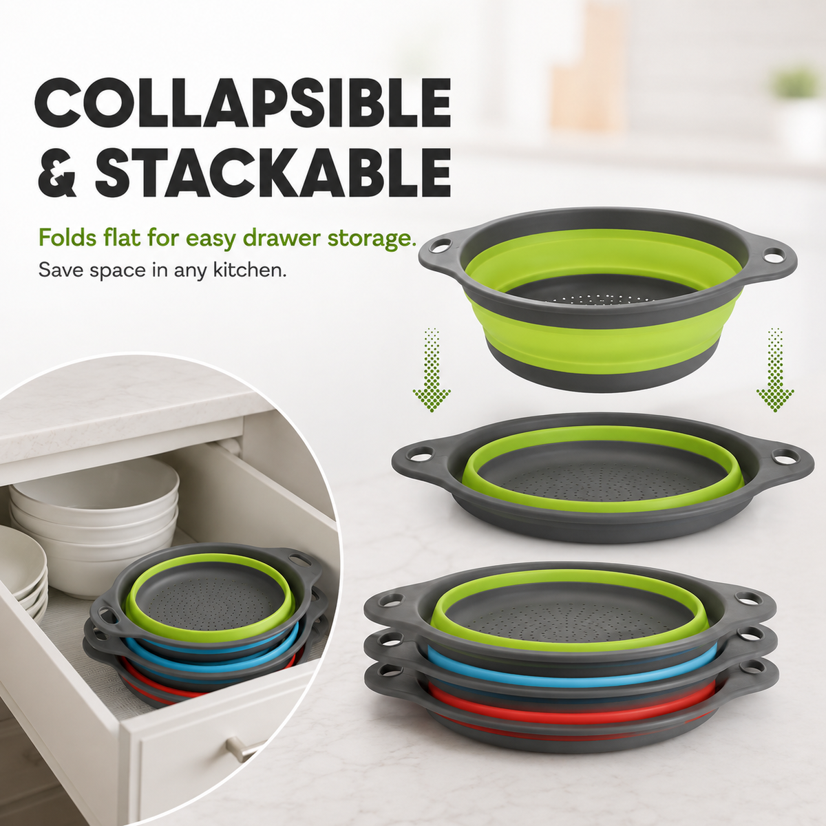 🥗 3-Piece Collapsible Colander Set – Fold Flat, Save Space & Easily Drain Fruits, Veggies & Pasta