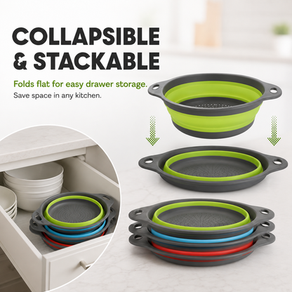 🥗 3-Piece Collapsible Colander Set – Fold Flat, Save Space & Easily Drain Fruits, Veggies & Pasta