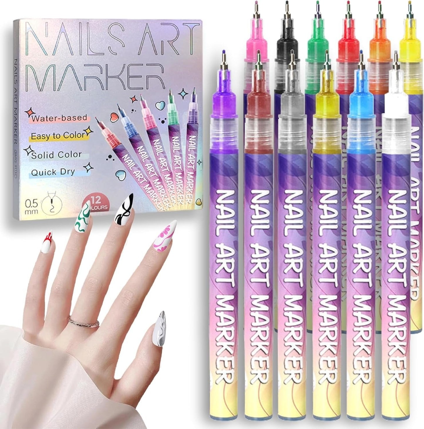 ⏳12 Colors Nail Art Pens Set🎨💅for DIY Nail Art Quick Drying Acrylic Painting and 3D Dot Embroidery mma acrylic nail - On Nails Quick Drying Dot Stitching Nail Art Pen for Home and Salon DIY, Nail Care Cutics Manicure Polish Cosmetic
