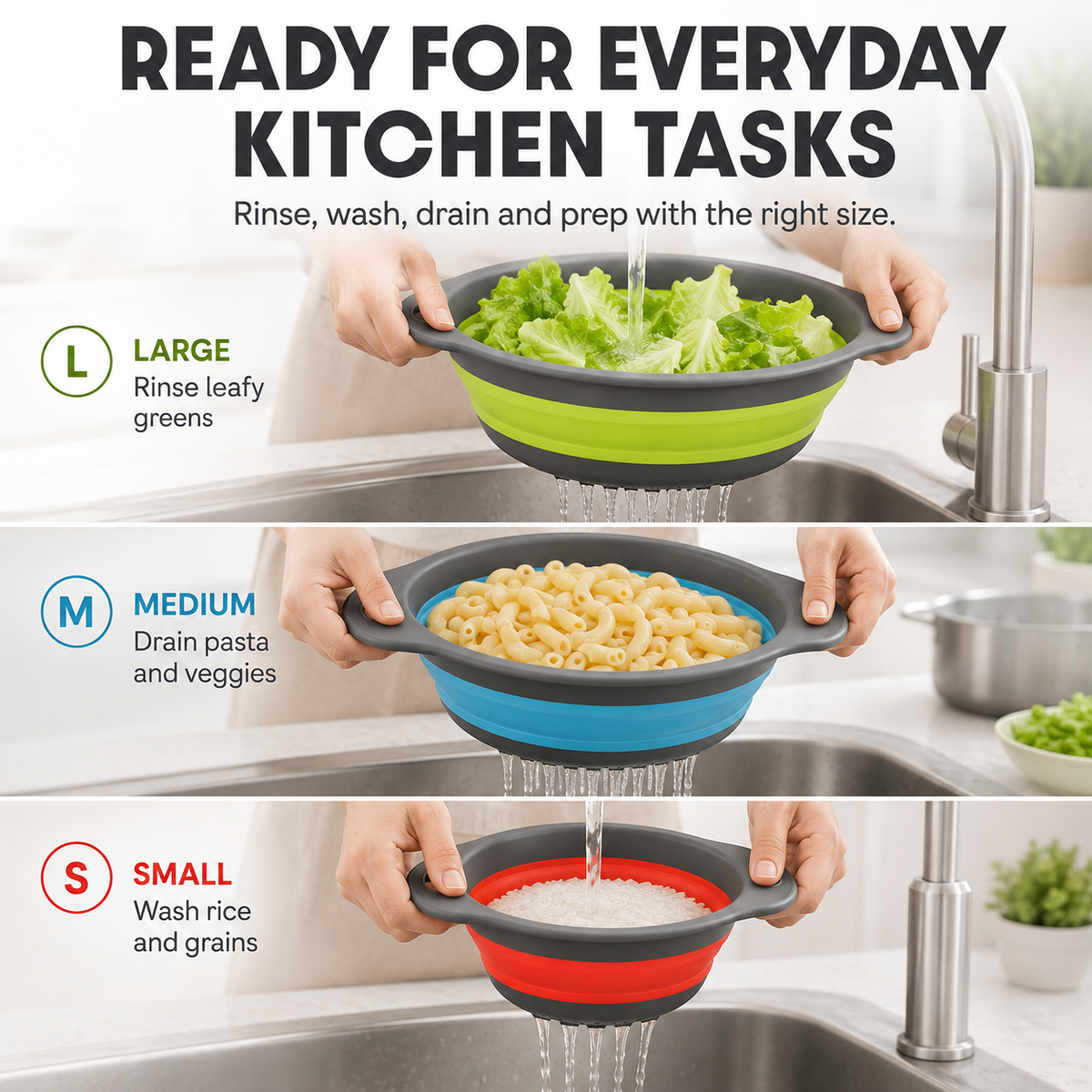 🥗 3-Piece Collapsible Colander Set – Fold Flat, Save Space & Easily Drain Fruits, Veggies & Pasta