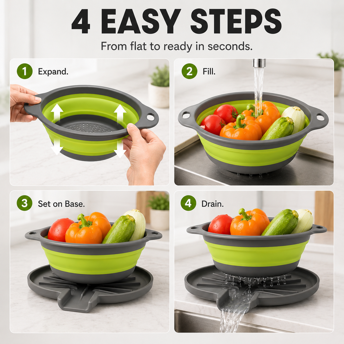 🥗 3-Piece Collapsible Colander Set – Fold Flat, Save Space & Easily Drain Fruits, Veggies & Pasta
