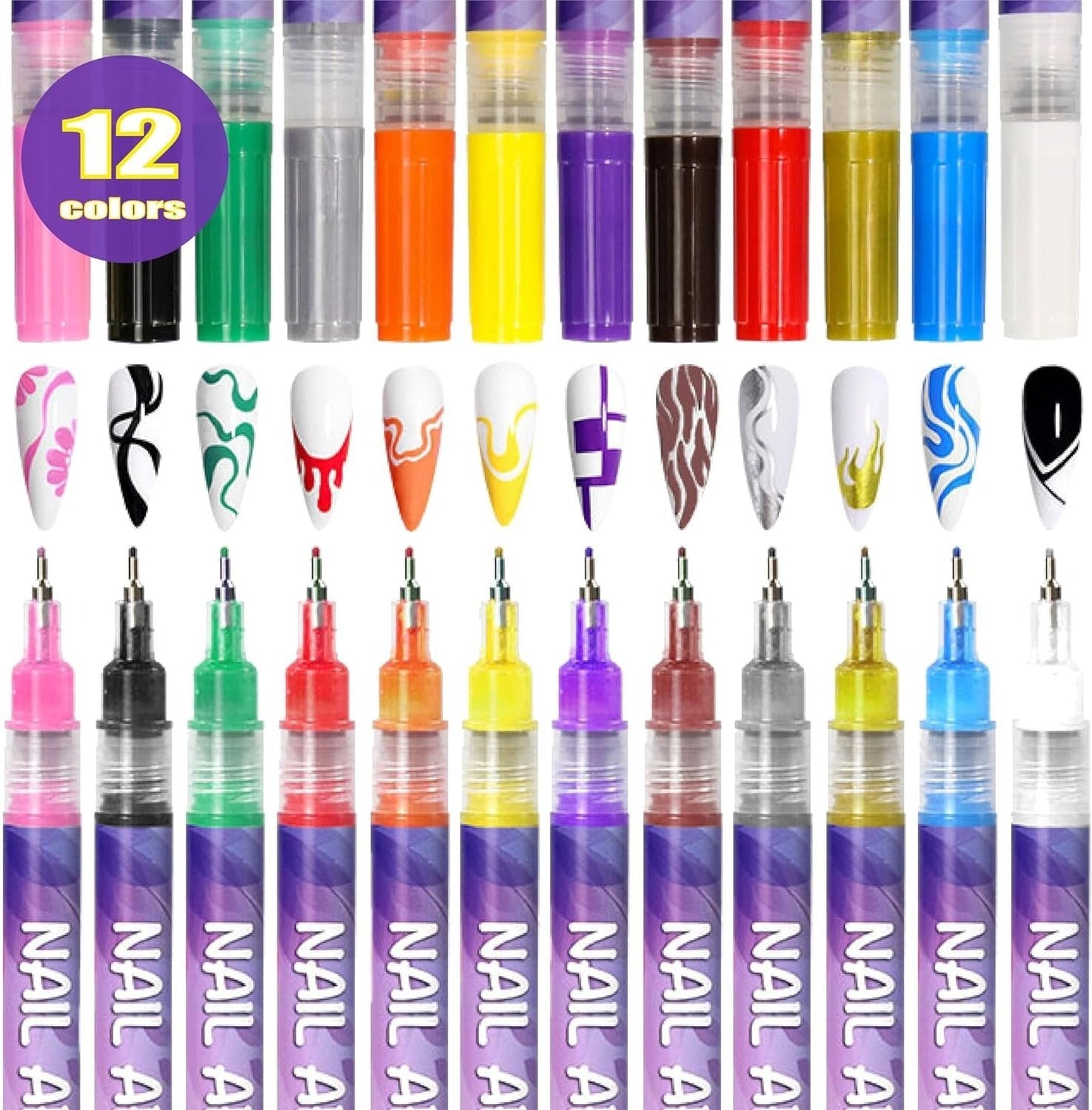 ⏳12 Colors Nail Art Pens Set🎨💅for DIY Nail Art Quick Drying Acrylic Painting and 3D Dot Embroidery mma acrylic nail - On Nails Quick Drying Dot Stitching Nail Art Pen for Home and Salon DIY, Nail Care Cutics Manicure Polish Cosmetic