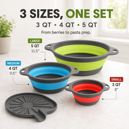 🥗 3-Piece Collapsible Colander Set – Fold Flat, Save Space & Easily Drain Fruits, Veggies & Pasta