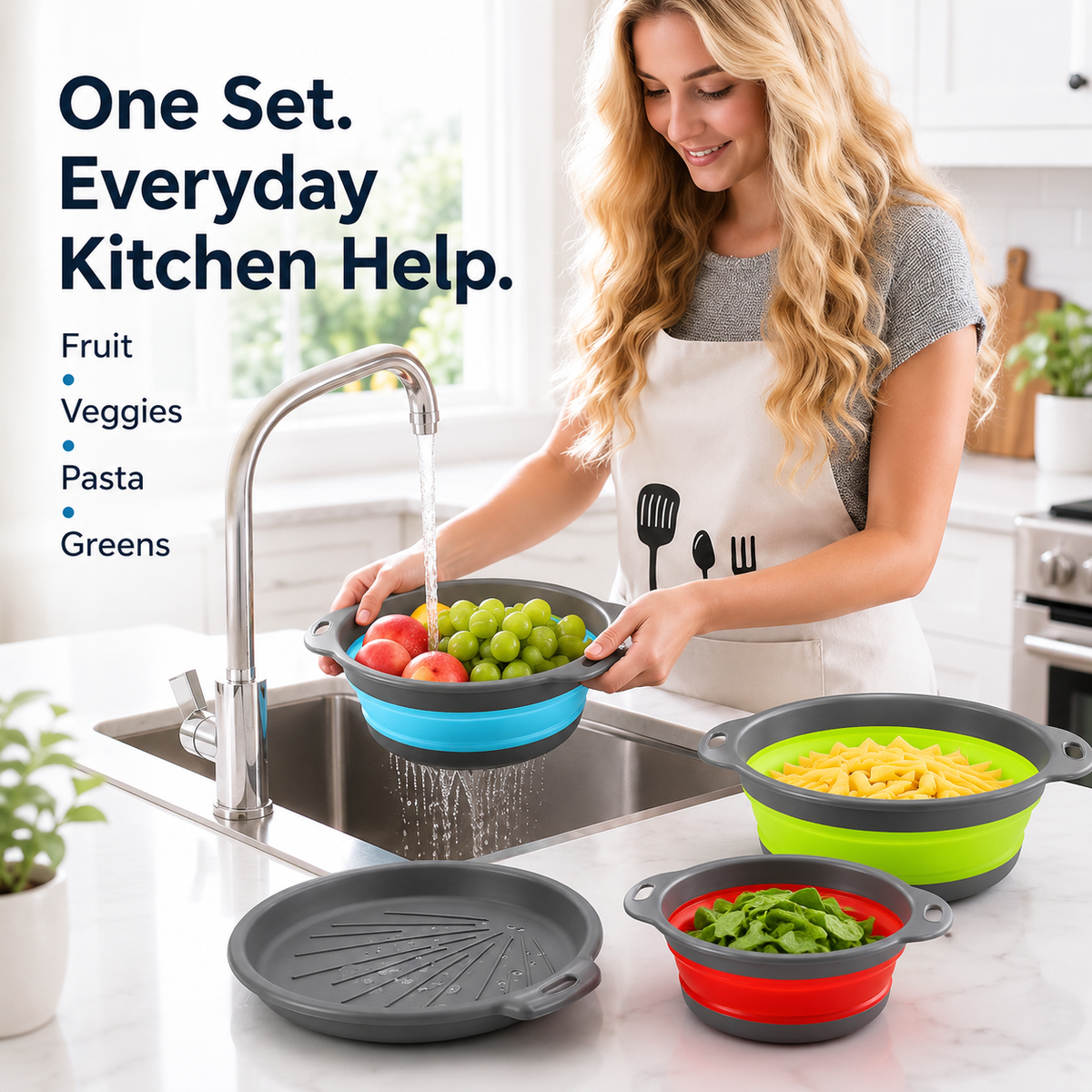 🥗 3-Piece Collapsible Colander Set – Fold Flat, Save Space & Easily Drain Fruits, Veggies & Pasta