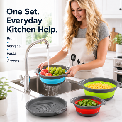 🥗 3-Piece Collapsible Colander Set – Fold Flat, Save Space & Easily Drain Fruits, Veggies & Pasta