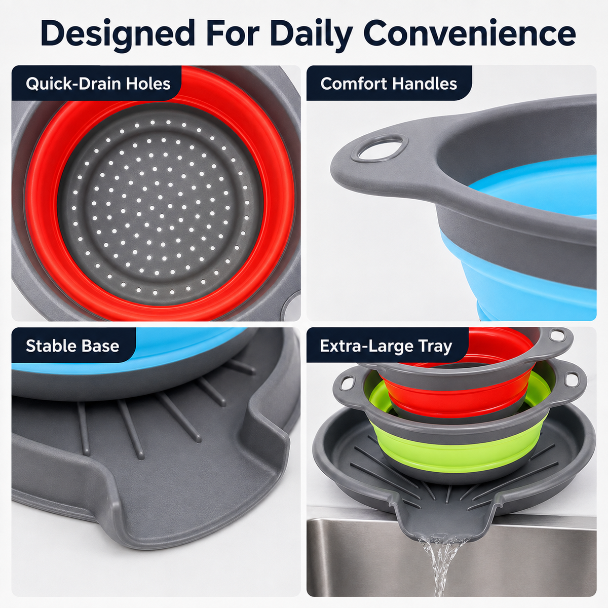 🥗 3-Piece Collapsible Colander Set – Fold Flat, Save Space & Easily Drain Fruits, Veggies & Pasta