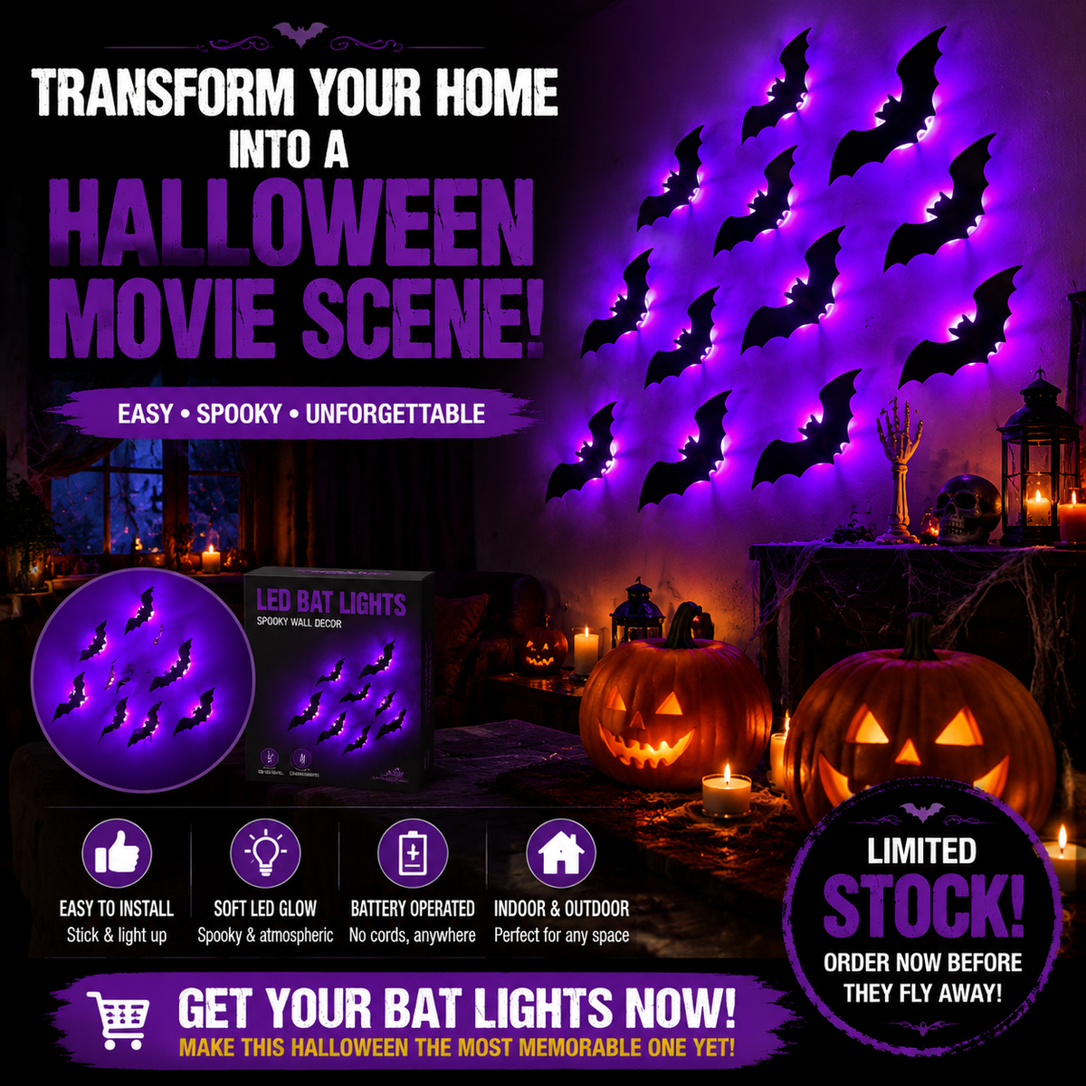 👻 Light Up Your Halloween! 50% OFF LED Glowing Bat Wall Lights for Spooky Day🦇✨