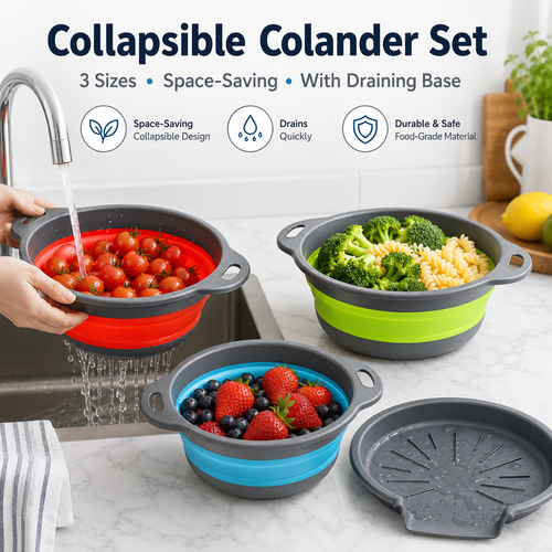 🥗 3-Piece Collapsible Colander Set – Fold Flat, Save Space & Easily Drain Fruits, Veggies & Pasta