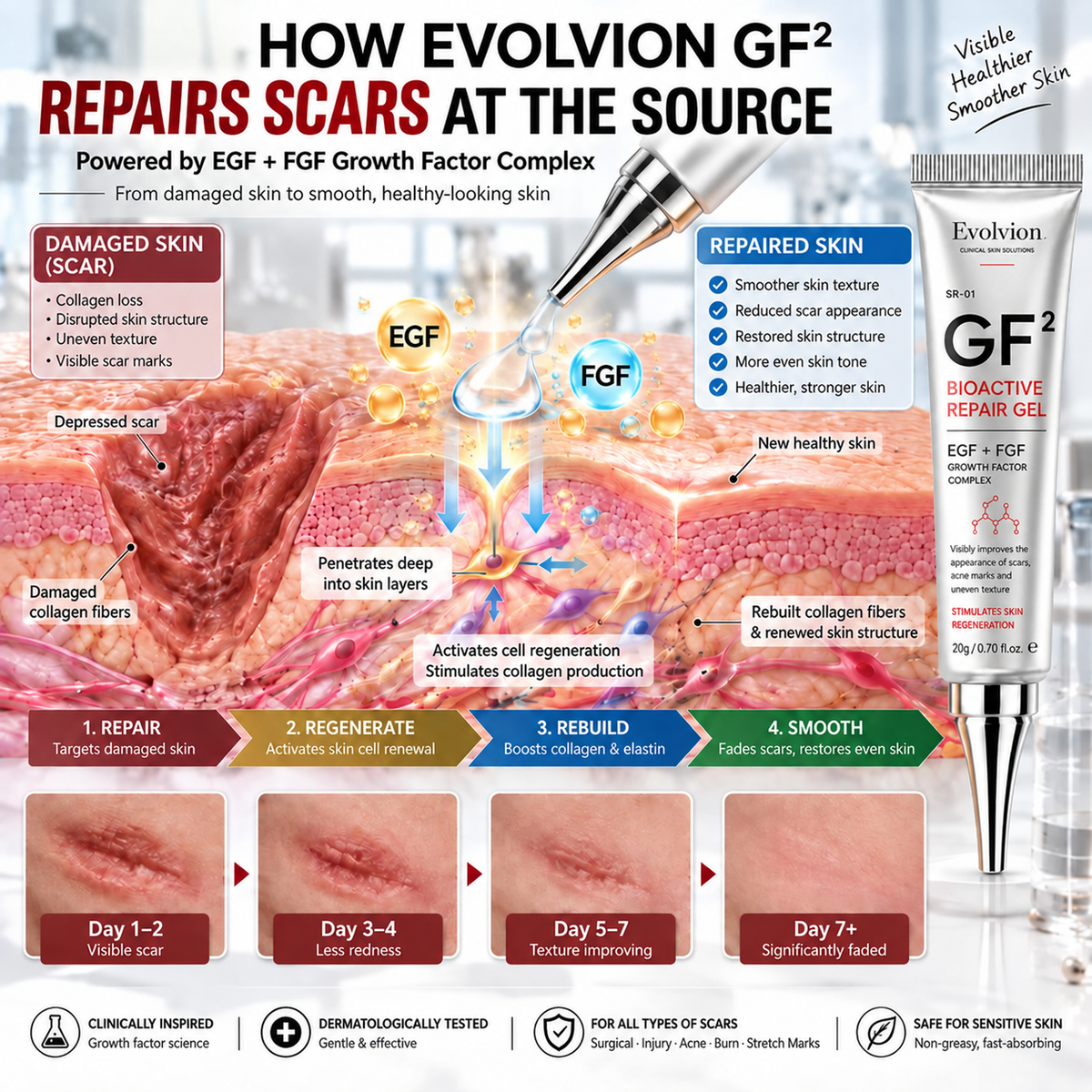 Evolviion GF² Advanced Bioactive Scar Repair Gel👨‍⚕️(For Hypertrophic Scars/Post-Surgical Scars/Stretch Marks/Acne Scars)