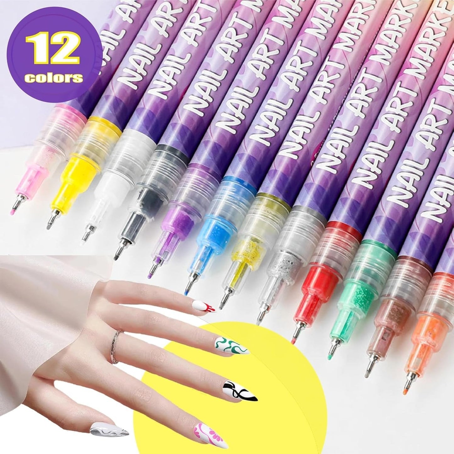 ⏳12 Colors Nail Art Pens Set🎨💅for DIY Nail Art Quick Drying Acrylic Painting and 3D Dot Embroidery mma acrylic nail - On Nails Quick Drying Dot Stitching Nail Art Pen for Home and Salon DIY, Nail Care Cutics Manicure Polish Cosmetic