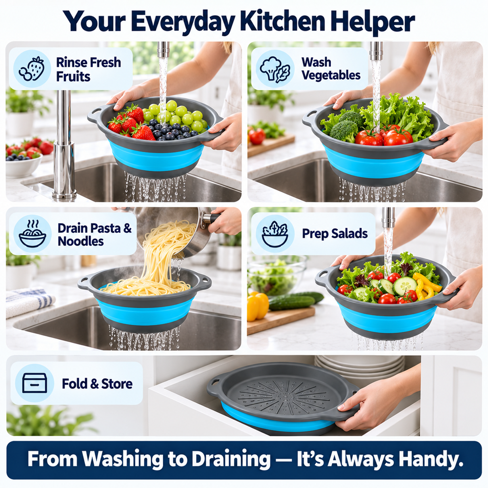 🥗 3-Piece Collapsible Colander Set – Fold Flat, Save Space & Easily Drain Fruits, Veggies & Pasta